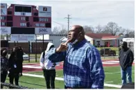  ?? (Pine Bluff Commercial/I.C. Murrell) ?? Pine Bluff High School Principal Michael Anthony gives students instructio­ns before Superinten­dent Barbara Warren addresses them at Jordan Stadium on Thursday.