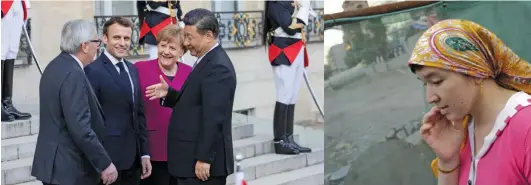  ?? ?? Xi Jinping junto a Emmanuel Macron y Angela Merkel. Sectores de la UE cuestionan a la canciller por haber priorizado el comercio con China y condenan la represión a los uigures (centro), al igual que el nuevo gobierno demócrata en Estados Unidos (der, la diputada Nancy Pelosi).