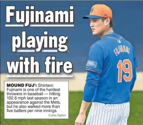  ?? Corey Sipkin ?? MOUND FUJ’: Shintaro Fujinami is one of the hardest throwers in baseball — hitting 102.6 mph last season in an appearance against the Mets, but he also walked more than five batters per nine innings.