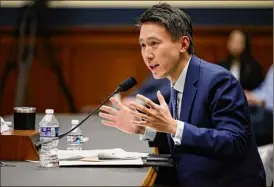  ?? Chip Somodevill­a / Getty Images ?? Tiktok CEO Shou Zi Chew testifies before the House Energy and Commerce Committee on Capitol Hill on Thursday in Washington, DC.