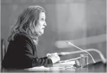  ?? REUTERS ?? Canada’s Deputy Prime Minister and Minister of Finance Chrystia Freeland speaks to news media before unveiling her first fiscal update, the Fall Economic Statement 2020, in Ottawa on Monday.