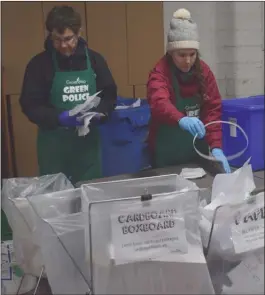  ?? JOE FRIES/Penticton Herald ?? RDOS solid waste co-ordinator Cameron Baughen and GreenSteps Solutions project manager Andrea Mackintosh perform at waste audit at The Herald.