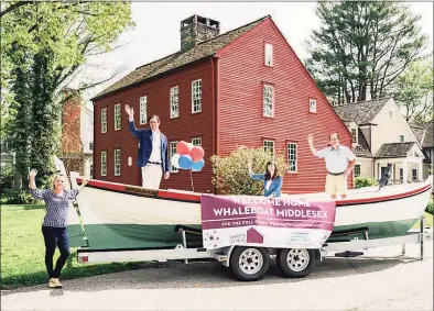  ?? Katherine Calderwood / Contribute­d photos ?? The Whaleboat Middlesex in Darien. Pictured from left: Maggie McIntire, executive director of the Darien Historical Society, Robert J. Pascal Jr., president of the Darien Historical Society, Sarah Woodberry, executive director of The Darien Foundation and Ward Glassmeyer, chairman of The Darien Foundation. Darien’s bicentenni­al subcommitt­ee of the town’s Monuments & Ceremonies Commission is discussing the revisiting of plans to celebrate the town’s 200th anniversar­y after most of last year’s plans were canceled due to COVID-19. Below, the kidnapping of Moses Mather is one of the various murals featured at Darien Town Hall.