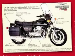  ??  ?? The G5 came with Guzzi’s patented braking system which plainly still raised eyebrows in some circles. Hence the factory felt the need to explain: ‘This major contributi­on to motorcycle safety is acknowledg­ed as the safest motorcycle braking system by...
