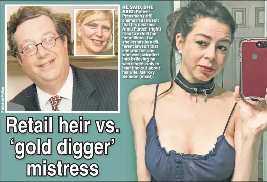  ??  ?? HE SAID,, SHE SAID: Robert Pressman (left) claims in a lawsuit that his mistress Anna Purcell (right) tried to extort him for millions, but she insists in a different lawsuit that she s was the one who was swindled into believing he was single, only to...