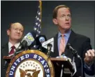  ?? ASSOCIATED PRESS ?? U.S. Sen. Pat Toomey, R-Pa., right, speaks during a March 2018 press conference alongside U.S. Sen. Chris Coons, D-Del., in Philadelph­ia.