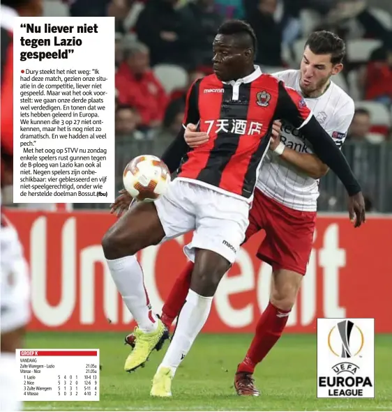  ?? FOTO'S EPAEFE, PHOTO NEWS ?? Balotelli van Nice houdt Michael Heylen van Zulte Waregem af. Dury: “Ik geloof dat Balotelli bij Nice 4 à 5 miljoen euro per jaar verdient. Einde discussie?”