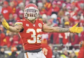  ?? Peter G. Aiken / Getty Images ?? Chiefs strong safety Tyrann Mathieu lines up all over the field and has a career-high seven intercepti­ons this season, returning one for a score.