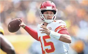  ?? CHARLES LECLAIRE/USA TODAY SPORTS ?? Patrick Mahomes has thrown 10 touchdown passes without an intercepti­on for the Chiefs through the season’s first two weeks.