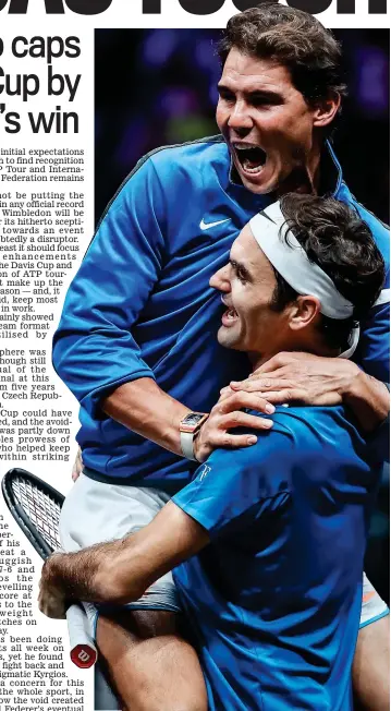  ?? EPA ?? Blues brothers: Nadal runs from the bench and jumps into Federer’s arms after the Swiss beats Kyrgios in the decider