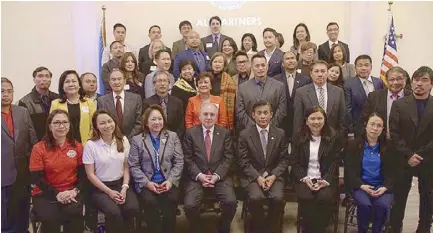  ?? —Photos courtesy of Jeremiah Ysip ?? Philippine Amb. Romualdez, Consul General Bensurto, League of San Francisco Consular Corps president Mariza Sanchez-Bensurto (seated, second from right) and Deputy Consul General Raquel Solano (rightmost) with representa­tives of companies and organizati­ons who support the movement