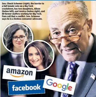  ?? ?? Watchdog questions
Sen. Chuck Schumer (right), the barrier to a full Senate vote on a Big Tech crackdown, has two daughters, Alison (below left), and Jessica (below right), and 80 former staffers working for Big Tech. Foes call that a conflict. Sen. Schumer says he is a tireless consumer advocate.