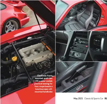  ??  ?? Clockwise: frontmount­ed, quad-cam V8 is water-cooled; practical seating for four; coupé boasts a luxurious spec; sillmounte­d handbrake