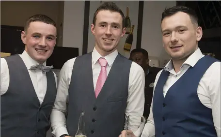  ??  ?? Brian Miley, Jack Miley and Steven Cahill at the Valleymoun­t GAA dinner dance in the Tulfarris Hotel.