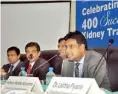  ??  ?? Vascular and Transplant Surgeon Professor Mandika Wijerathne at the head table announcing the completion of 400 successful kidney transplant­s by Lanka Hospitals (Pic by Pradeep Pathirana)