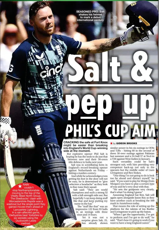  ?? ?? SEASONED PRO: Salt shakes his helmet to mark a debut internatio­nal century