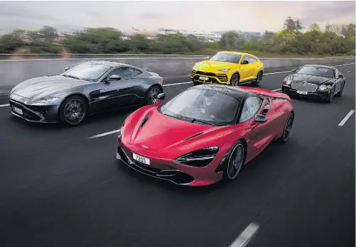  ?? PHOTO: SUPPLIED ?? Supercar eye candy . . . The Aston Martin Vantage V8 (front left), McLaren 720S (front right), Lamborghin­i Urus (back left) and Bentley Continenta­l GT (back right) will be on display in central Queenstown on Tuesday.