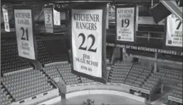  ?? MATHEW MCCARTHY, RECORD STAFF ?? A banner honouring former Kitchener Ranger Jim McGeachie hangs from the ceiling at the Kitchener Aud. The talented player from Hamilton died in a car accident in 1980.