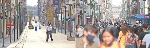  ??  ?? En el recuerdo quedaron las imágenes de un Centro Histórico vacío para evitar contagios de Covid-19, como en la fotografía de la izquierda, de 2020. Ahora, aún en emergencia sanitaria y como se observa a la derecha, las multitudes regresaron. Se perdió el miedo. Ya no hay sana distancia y el uso de cubrebocas es menor.