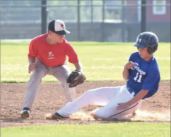  ?? RICK PECK/SPECIAL TO MCDONALD COUNTY PRESS ?? McDonald County second baseman Josh Parsons tags out a Carthage runner attempting to steal second base in McDonald County’s 9-4 win on June 27 at MCHS.