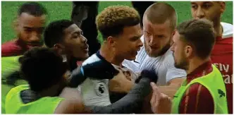  ?? SKY SPORTS ?? Free-for-all: Aaron Ramsey (right) exchanges words with Dele Alli