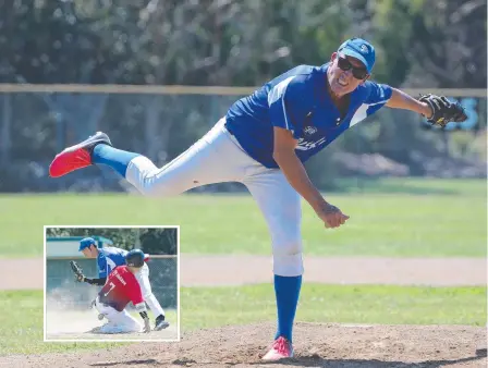  ?? Picture: MIKE BATTERHAM ?? Surfers pitcher Mick Lucas sends one down. And (inset) Surfers’ Chen Yeh with Robina’s Tomo Hasegawa.