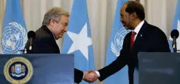  ?? Photo: AFP ?? UN secretary general Antonio Guterres (L) and Somalia’s President Hassan Sheikh Mohamud shake hands at the Presidenti­al palace, Villa Somalia, in Mogadishu on 11 April 2023.