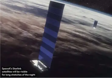  ??  ?? SpaceX’s Starlink satellites will be visible for long stretches of the night
Chris Lintott was reading… The Low-Earth Orbit Satellite Population and Impacts of the SpaceX Starlink Constellat­ion by Johnathan C McDowell.
Read it online at: https://planet4589.org/space/papers/starlink20.pdf