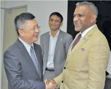  ?? Photo: DEPTFO News ?? New Chinese Ambassador to Fiji, Qian Bo meets Minister for Industry, Trade, Tourism, Lands and Mineral Resources, Faiyaz Koya and Permanent Secretary Shaheen Ali.