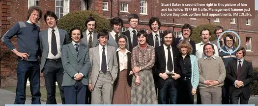  ?? JIM COLLINS. ?? Stuart Baker is second from right in this picture of him and his fellow 1977 BR Traffic Management Trainees just before they took up their first appointmen­ts.