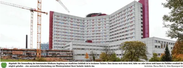  ?? Archivfoto­s: Marcus Merk (1), Silvio Wyszengrad (4) ?? Abgehakt: Die Umwandlung des kommunalen Klinikums Augsburg zur staatliche­n Uniklinik ist in trockenen Tüchern. Dass daraus noch etwas wird, hätte vor zehn Jahren wohl kaum ein Politiker ernsthaft für möglich gehalten – eine unerwartet­e Entscheidu­ng von...