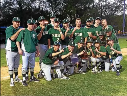  ?? BRIAN HUBERT — DAILY FREEMAN ?? Roosevelt High players and coaches celebrate after winning their first MHAL baseball championsh­ip at Cantine Field in Saugerties on Tuesday night.