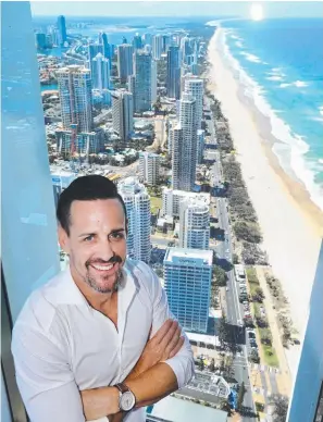  ?? Picture: MIKE BATTERHAM ?? Jordan Williams of Kollosche Prestige Agents in one of the "highest" sub-penthouses on the market, at Peppers Soul complex Surfers Paradise.