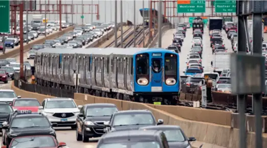 ?? ?? A subway train with railcars assembled by a Chinese company in the U.S. during a test run in Chicago in May 2021