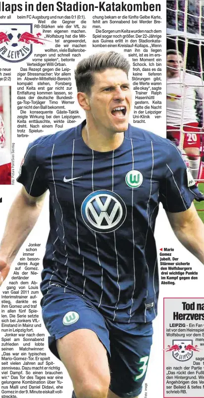  ??  ?? Mario Gomez jubelt. Der Stürmer sicherte den Wolfsburge­rn drei wichtige Punkte im Kampf gegen den Abstieg.