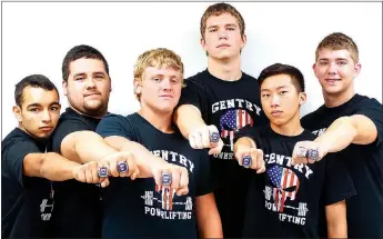  ?? Photo by Randy Moll ?? Gentry powerlifte­rs Lawrence Caro, Tomas Gomez, Konner Hodges, Mason Clark, Khang Yang and Tanner Christie showed their championsh­ip rings which they received on July 12. Not pictured are Chance Cooper, Trey Welch, Seth Chaney, coach Kaven Fleshner and...