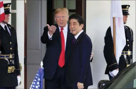  ?? MANUEL BALCE CENETA — THE ASSOCIATED PRESS ?? President Donald Trump welcomes Japanese Prime Minister Shinzo Abe to the White House in Washington, Thursday. Abe is expected to make sure Trump doesn’t overlook Japan’s security and other concerns at next week’s U.S.-North Korea summit.