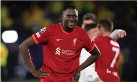  ?? Photograph: Visionhaus/Getty Images ?? Ibrahima Konaté smiles after Liverpool secure a place in the Champions League final by beating Villarreal.