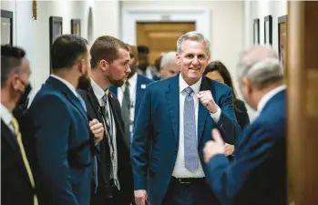  ?? HAIYUN JIANG/THE NEW YORK TIMES ?? House Speaker Kevin McCarthy, R-Calif., celebrates passage of the funding bill Saturday.