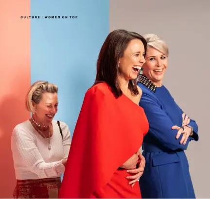  ??  ?? Above: On set of a promotiona­l shoot for Two Ladies, costume designer Lucy Jane Senior transforms actors Anna Jullienne (in red ) and Jennifer Ward-Lealand into the play’s fashionabl­e first ladies.