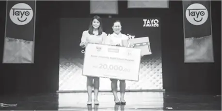  ??  ?? MINDANAO-BASED XAVIER UNIVERSITY (XU) ATENEO NIGHT SCHOOL, RECOGNIZED AS LENOVO OUTSTANDIN­G TECHVISION­ARY AT 16TH TAYO AWARDS. Utilizing technology to provide interactiv­e alternativ­e learning to drop-outs, out-ofschool youth, and street children, the XU Ateneo Night School Program was recognized by Lenovo, a global innovation leader and TAYO Foundation partner, as an Outstandin­g Tech Visionary at the TAYO 16 Awards ceremony. In photo from left to right: Camille Antonio, PR Manager for Lenovo Philippine­s, CID Communicat­ion and Edchelle Rellama, XU Night School Program Volunteer-Teacher (Science).