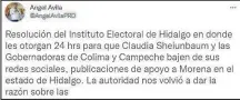  ?? CORTESÍA @ANGELAVILA­PRD ?? En Twitter ya no hay registro de algunos eventos