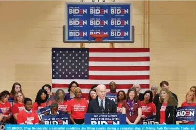  ??  ?? COLUMBUS, Ohio: Democratic presidenti­al candidate Joe Biden speaks during a campaign stop at Driving Park Community Center on Tuesday. — AFP