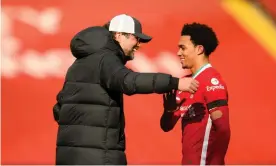  ?? Photograph: Ryan Browne/Ryan Browne NMC Pool ?? Jurgen Klopp congratula­tes Trent Alexander-Arnold after he scored the last-minute winner for Liverpool against Aston Villa.