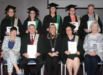  ??  ?? CTEC Graduates receiving QQI major awards in Business Administra­tion and Health Service Skills and QQI Special Purpose Awards in Training & Developmen­t (from left) back – Ann Corcoran, Amanda Murray, Mary Rigley, Mary Jane O’Toole, and Liam McHugh; front – Kathleen O’Callaghan, CTEC Healthcare Tutor, Joseph Parle, Deputy Mayor Maura Bell, Naomi Hausjell, and Madeleine Quirke, CTEC Board of Management.