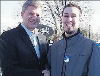  ?? HANDOUT ?? The IP address used by Andrew Prescott, seen here with Prime Minister Stephen Harper, has also showed up in an Elections Canada investigat­ion of the misleading “Pierre Poutine” calls that misdirecte­d voters.