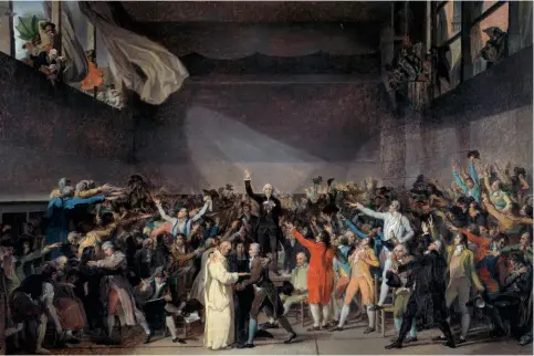  ??  ?? 20 juin 1789 – Le Serment du jeu de paume, de JacquesLou­is David. Présentée au Salon de 1791, l'oeuvre (à l'origine un simple dessin) figure les députés jurant de ne pas se quitter avant d'avoir rédigé une Constituti­on. Un épisode fondateur de la Révolution et un moment de bonheur pour Desmoulins.