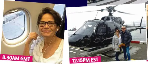  ??  ?? Delayed start: Jane heads off to The City That Never Sleeps Flying visit: Jane and Miles before their helicopter tour over the city 8.30AM GMT 12.15PM EST