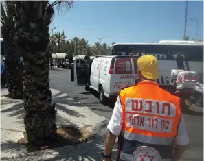  ?? (MDA) ?? MAGEN DAVID ADOM medics arrive at the scene of the stabbing attack near Damascus Gate in Jerusalem yesterday.