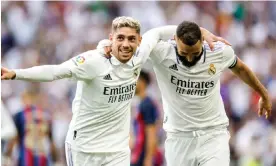  ?? Goals. Photograph: Victor Carretero/Real Madrid/Getty Images ?? Federico Valverde (left) and Real Madrid teammate Karim Benzema scored their first two